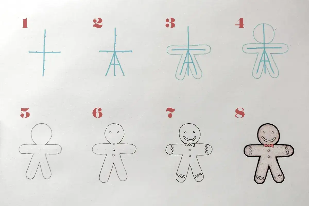&Eacute;tapes pour un dessin bonhomme pain d'&eacute;pice. De simples lignes bleues se transforment en un personnage joyeux, pr&ecirc;t &agrave; &ecirc;tre d&eacute;cor&eacute;.