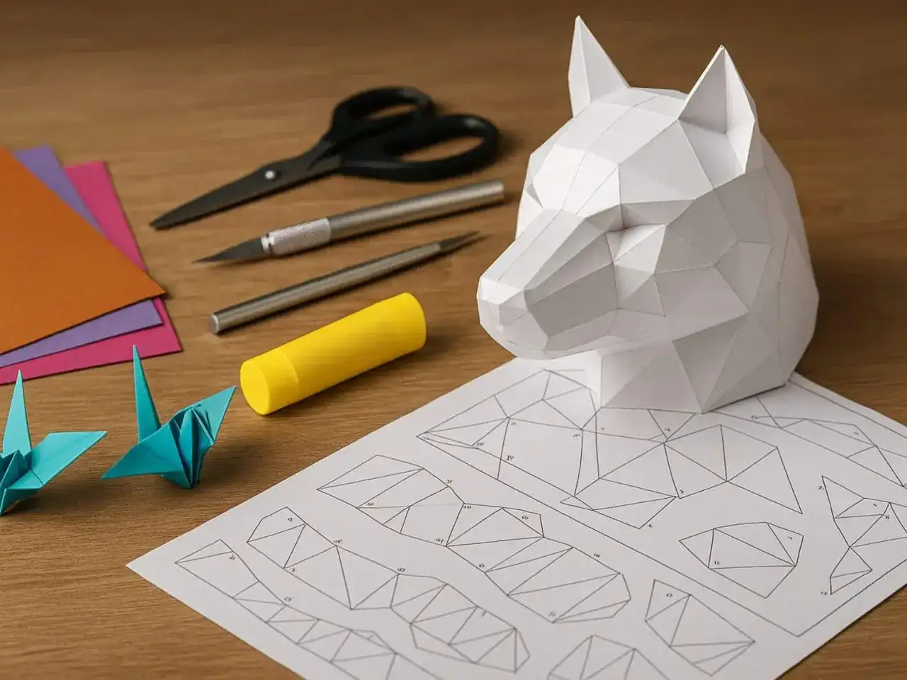 Mat&eacute;riel pour cr&eacute;er un loup en origami : ciseaux, cutter, colle, papier de couleur et un patron. Le grammage papier origami est id&eacute;al pour ce projet.