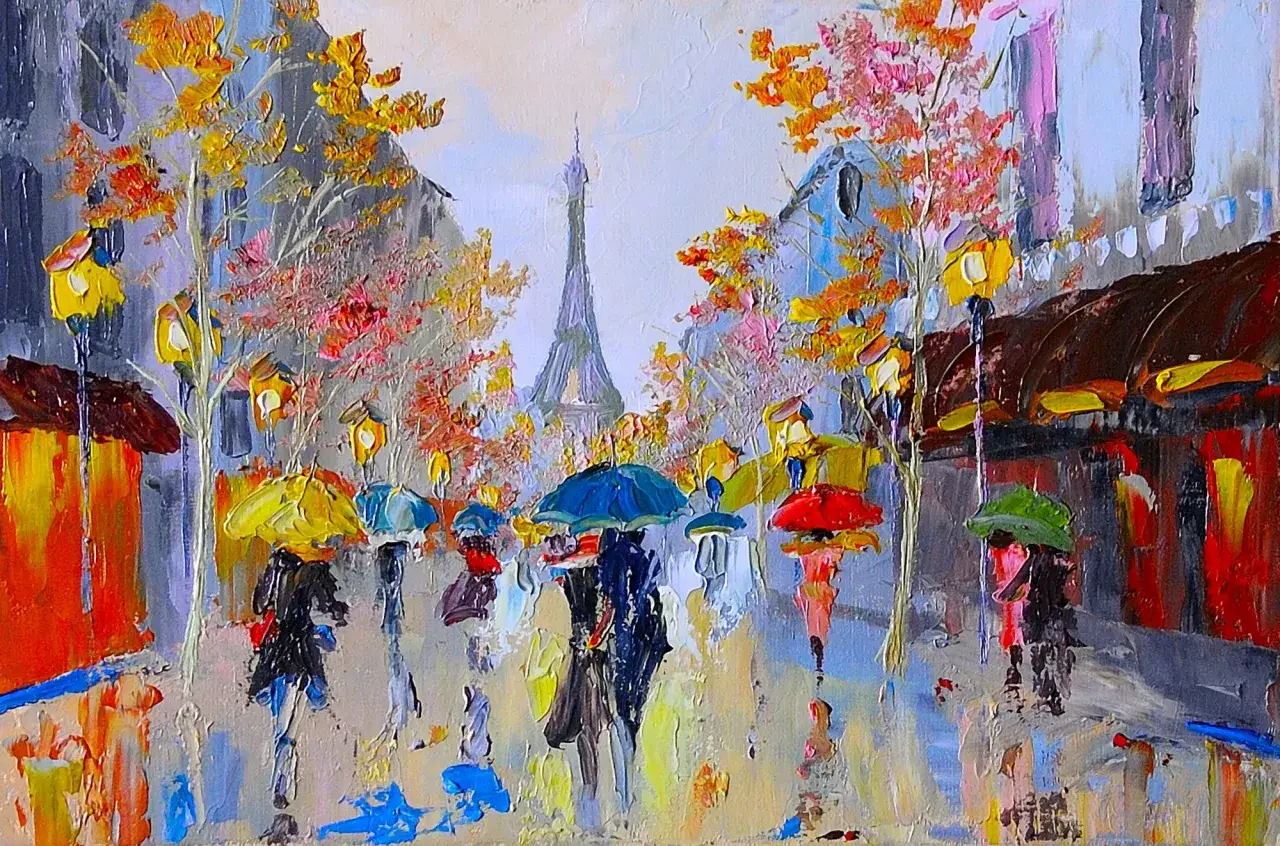 Peinture d'un peintre français : Paris sous la pluie, des passants aux parapluies colorés déambulent sur un trottoir mouillé, la Tour Eiffel se profile au loin.