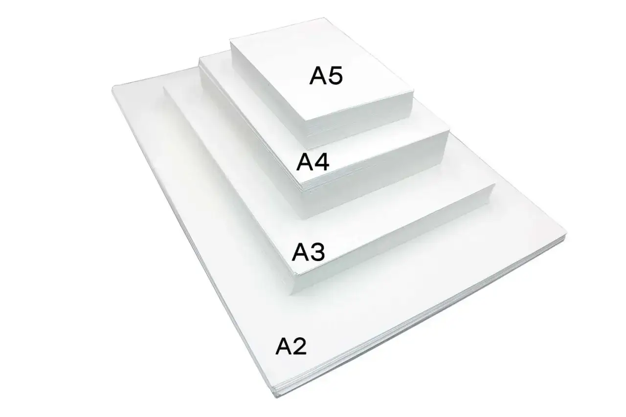 Pile de feuilles blanches de format A2, A3, A4 et A5, empilées en dégradé.