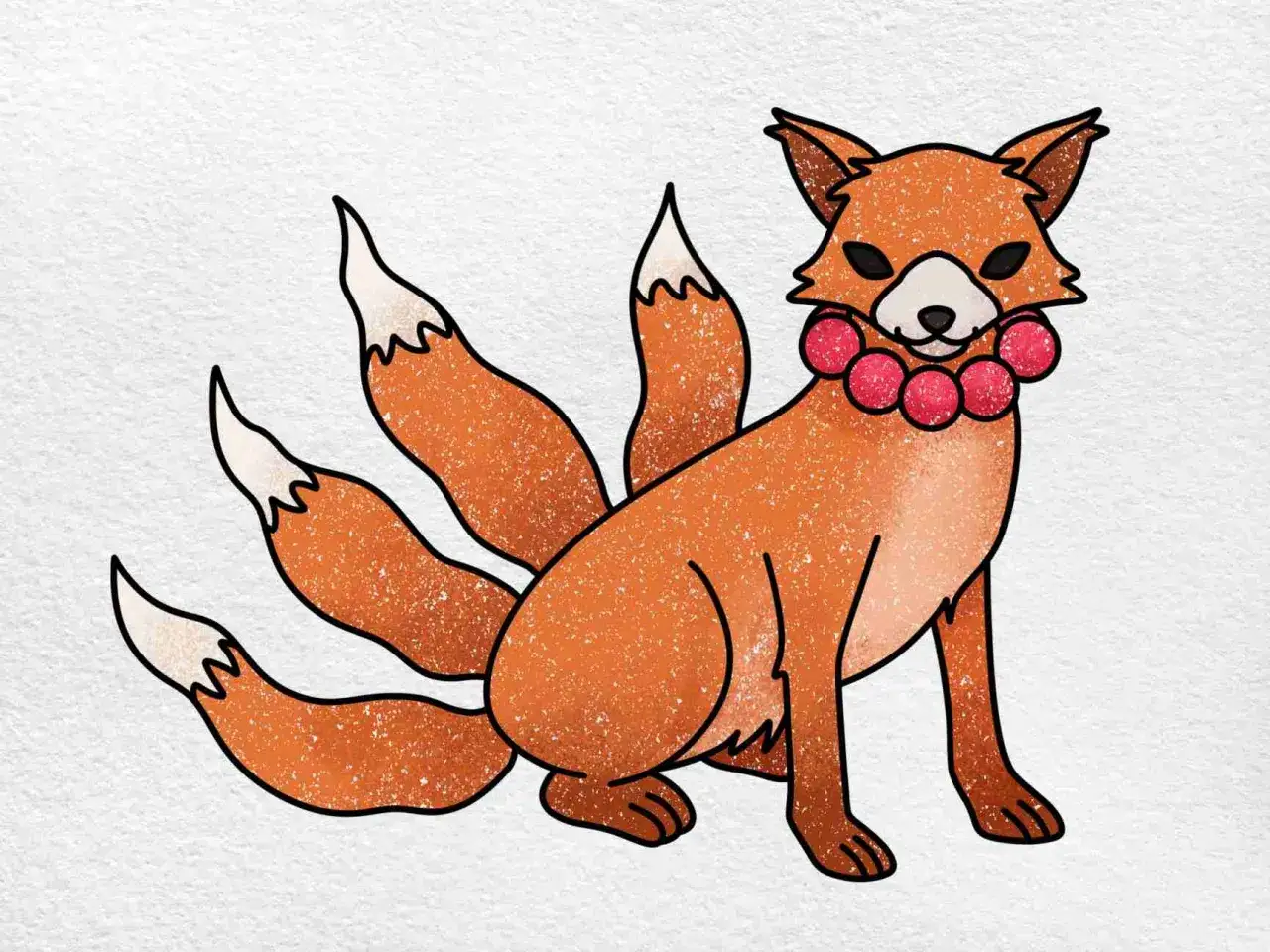 Un kitsune aux neuf queues, un dessin facile et charmant, orn&eacute; d'un collier de perles rouges.