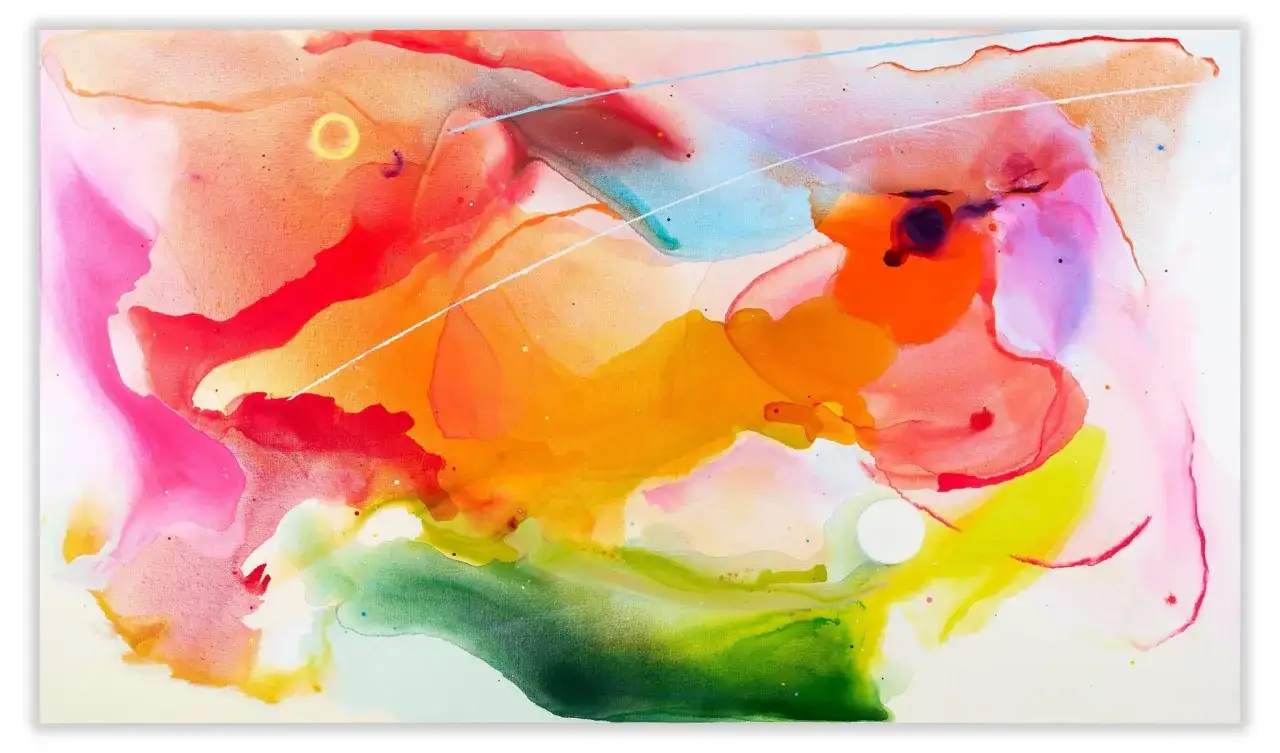 Peintre bonhomme couleur : une explosion de couleurs vives et fluides, &eacute;voquant une danse abstraite de rose, orange, jaune et vert.