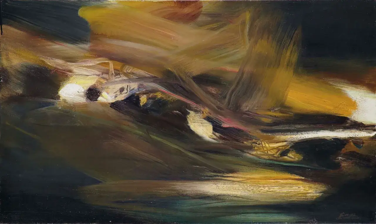 Peinture asiatique moderne aux coups de pinceau dynamiques, &eacute;voquant un paysage abstrait aux teintes chaudes et sombres.