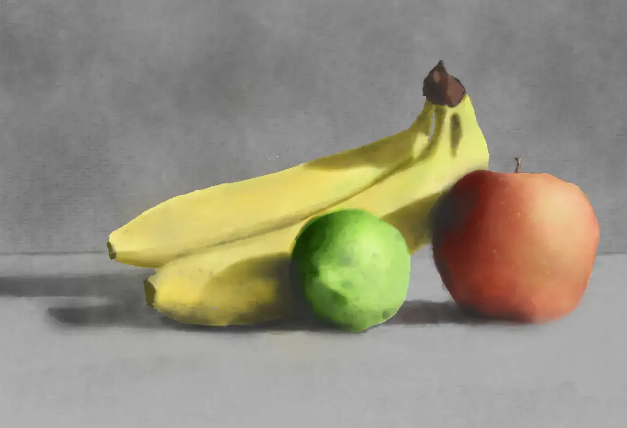 Nature morte peinture facile : des bananes jaunes, une pomme rouge et un citron vert sur un fond gris.