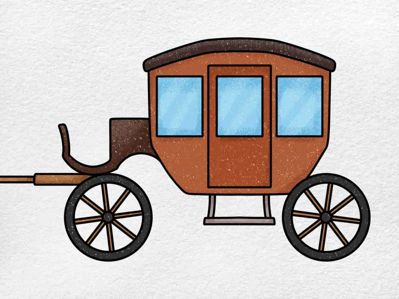 Une charrette dessin facile, avec ses grandes roues et ses fen&ecirc;tres bleues, pr&ecirc;te pour un voyage.