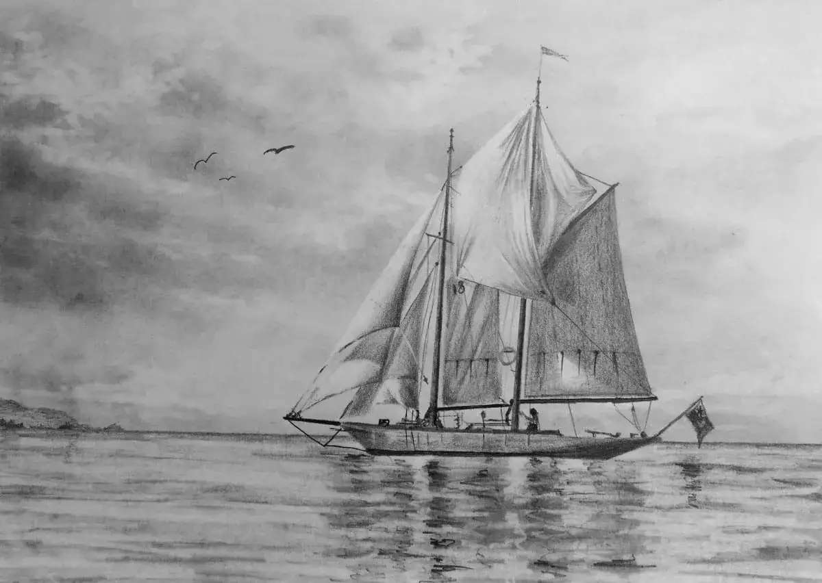 Dessin au crayon d'un voilier majestueux naviguant sur une mer calme, avec des oiseaux planant dans un ciel nuageux.