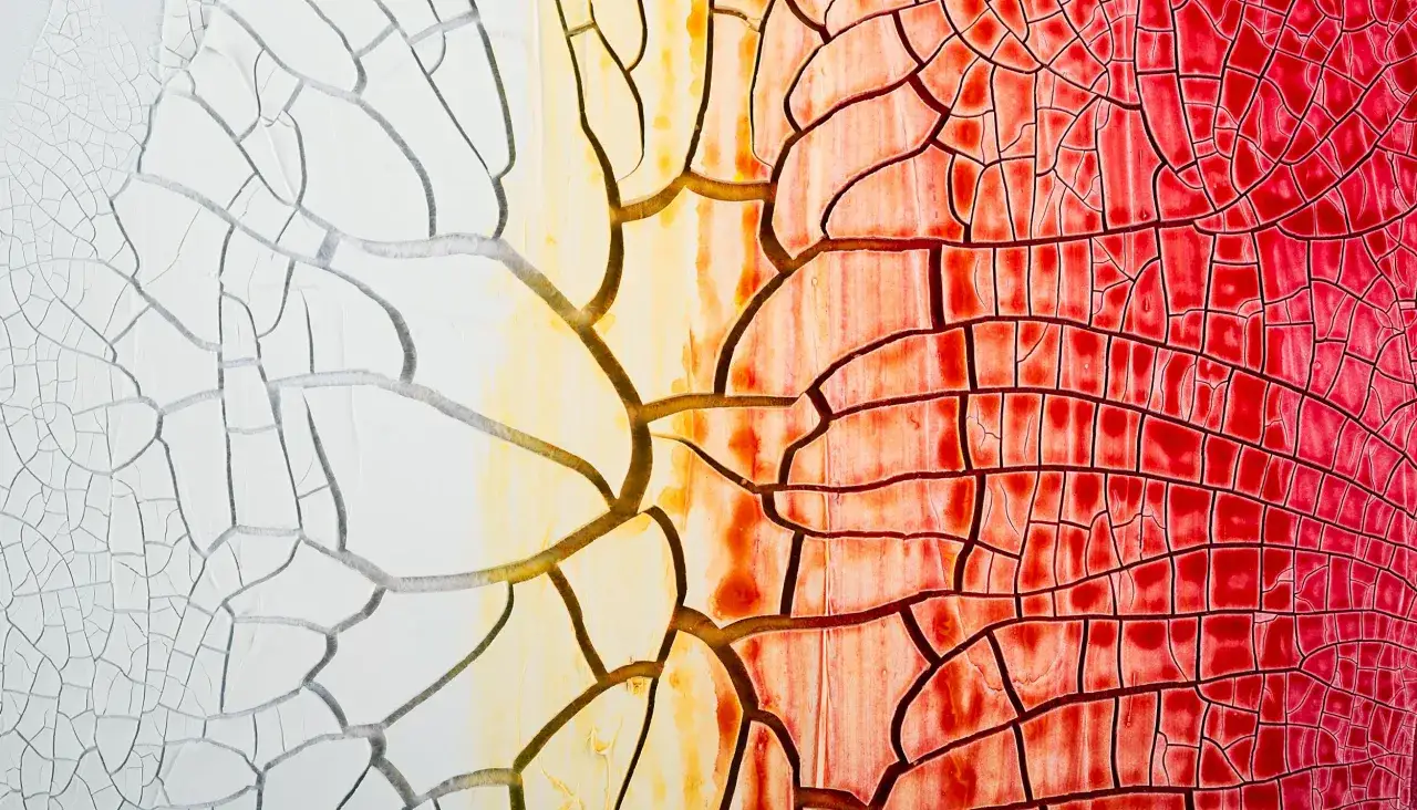 Texture craquel&eacute;e d'une peinture acrylique, du blanc au rouge vif. Le m&eacute;dium acrylique &agrave; quoi &ccedil;a sert ? Il cr&eacute;e ces effets de surface uniques.