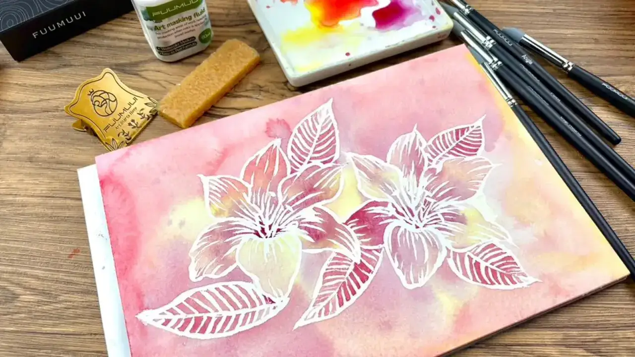 Dessin de fleurs &agrave; l'aquarelle, utilisant du drawing gum maison pour cr&eacute;er des motifs blancs sur un fond rose et jaune.