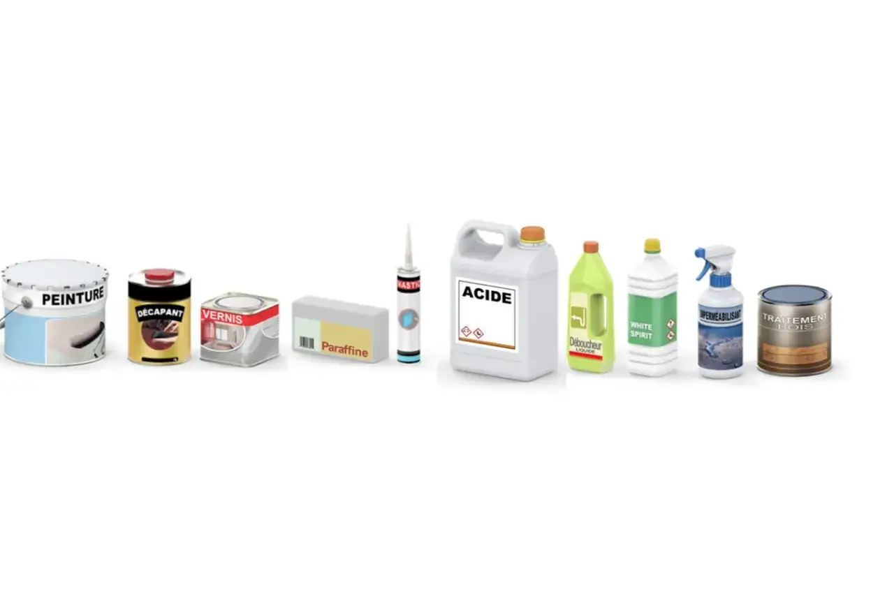 Divers produits m&eacute;nagers et de bricolage : peinture, d&eacute;capant, vernis, paraffine, mastic, acide, d&eacute;boucheur, white spirit, imperm&eacute;abilisant, traitement bois.