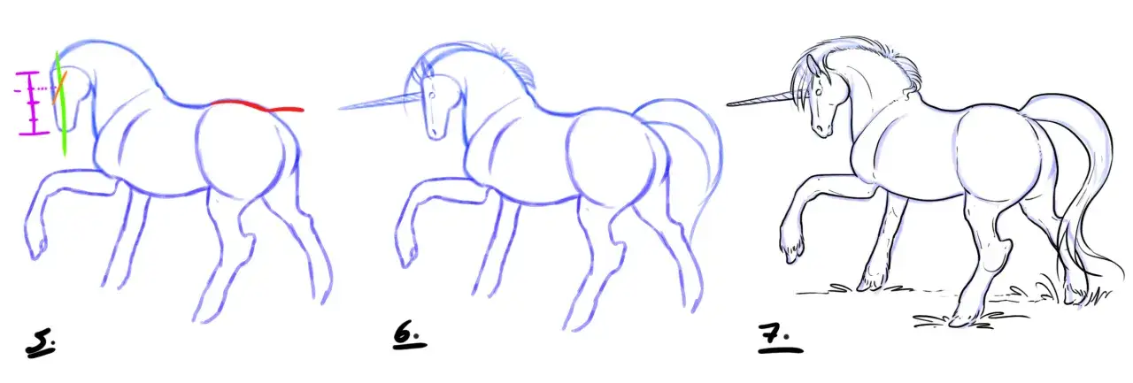 &Eacute;tapes pour un t&ecirc;te licorne dessin facile. Un guide visuel montrant la construction d'un licorne, de l'esquisse &agrave; la finition.