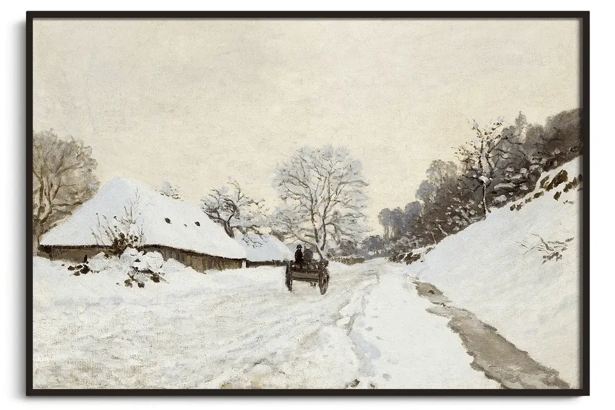 Un Monet paysage de neige. Une charrette traverse une route enneig&eacute;e, longeant une maison couverte de blanc et une colline bois&eacute;e.