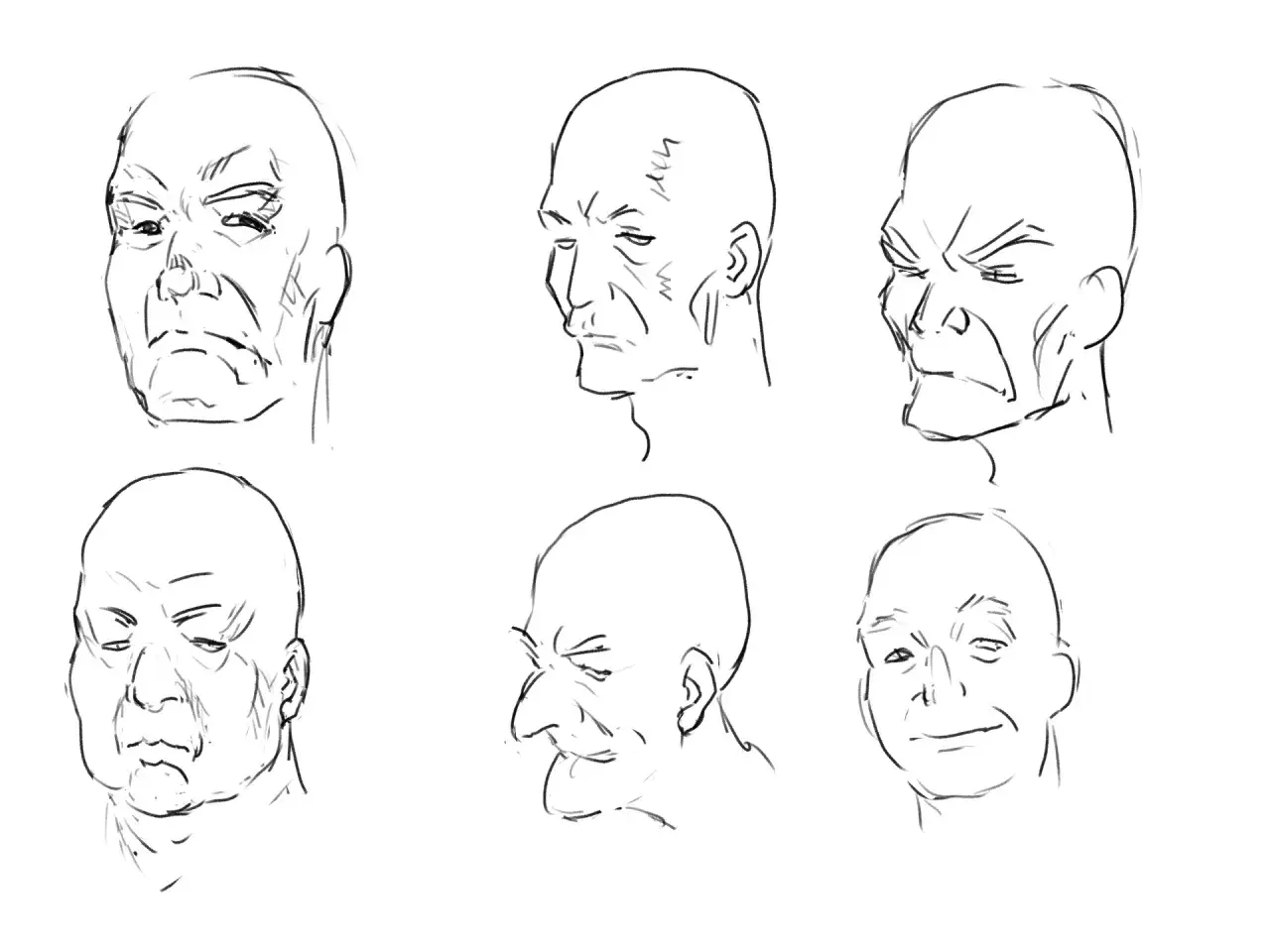 Six esquisses rapides de visages masculins chauves, montrant diverses expressions. Un dessin facile de personnages pour explorer les &eacute;motions.