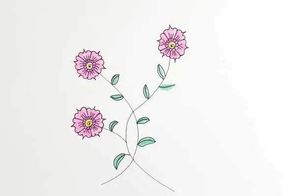 Un dessin facile pour enfant : trois jolies fleurs roses aux cœurs jaunes, avec des tiges vertes et des feuilles.