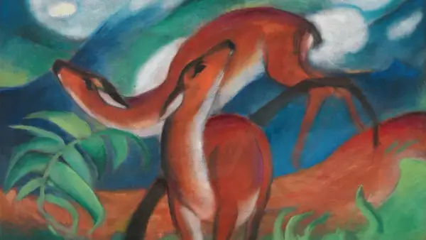 Chevreuils roux dans un paysage bleu et vert, dans le style de Franz Marc.
