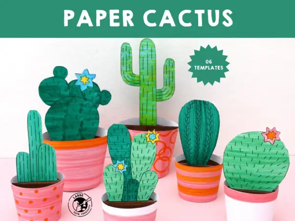 Plusieurs cactus en papier aux formes variées, certains décorés de fleurs, sont présentés dans des pots colorés.