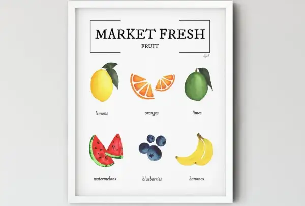 Une oeuvre d'art nourriture colorée présente des fruits peints à l'aquarelle : citrons, oranges, limes, pastèques, myrtilles et bananes.
