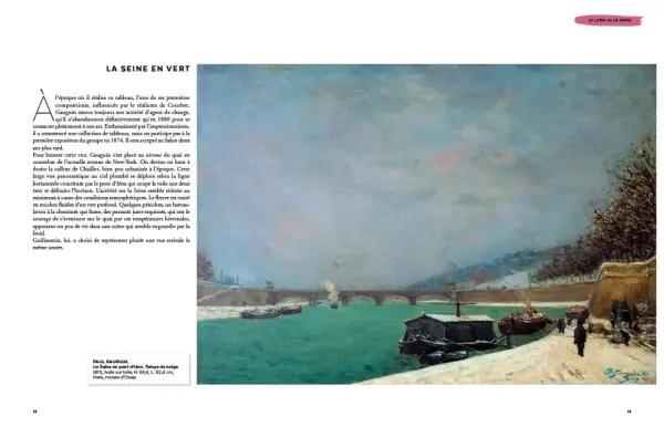 Peinture de Paul Gauguin, "La Seine au pont d'Iéna. Temps de neige". Une scène hivernale de Paris en peinture, avec des bateaux sur une eau verte et un pont au loin.