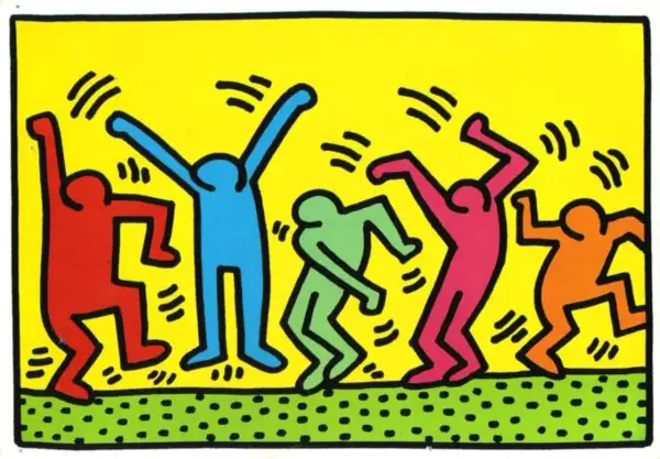 Un artiste bonhomme coloré, avec des silhouettes vives dansant sur un fond jaune.