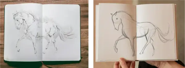 Deux croquis sur le vif de chevaux dans un carnet ouvert. L'un est détaillé, l'autre est une esquisse rapide.