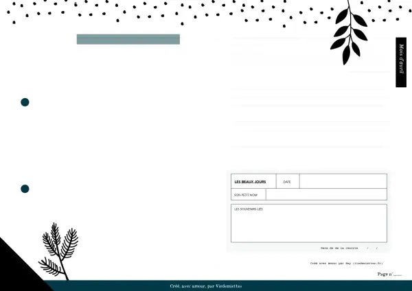Page de garde herbier. Un design épuré avec des motifs de points noirs et des illustrations végétales. Idéal pour consigner les souvenirs de chaque fleur.