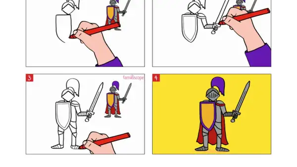 Étapes pour un dessin chevalier facile : esquisse, ajout des détails, coloriage. Un chevalier prêt pour l'aventure !
