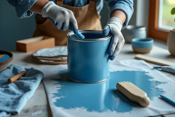Gants bleus et blancs, mains tenant un pinceau pour mélanger la peinture bleue dans un gros pot. Préparation pour peindre.