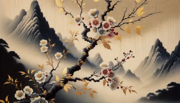 Fleurs délicates et montagnes brumeuses dans un style évoquant un peintre japonais contemporain abstrait. L'or des feuilles contraste avec le bleu des montagnes.