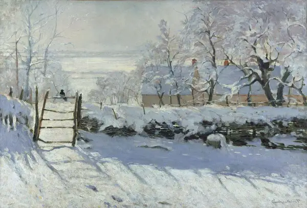 Monet paysage de neige : un petit oiseau noir sur une barrière enneigée, une maison et des arbres couverts de givre.