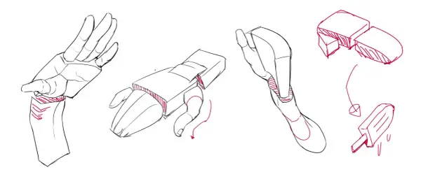 Dessin avec la main, montrant des études anatomiques et des formes géométriques appliquées à la main, avec une touche de couleur rose.