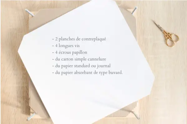 Liste d'éléments pour un projet DIY, incluant du papier absorbant de type buvard pour une utilisation pratique.