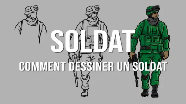 Trois étapes pour un soldat dessin facile : esquisse, croquis détaillé, puis coloriage.