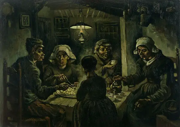 Ce tableau de Van Gogh, "Les Mangeurs de pommes de terre", dépeint une famille paysanne partageant un repas simple à la lueur d'une lampe.