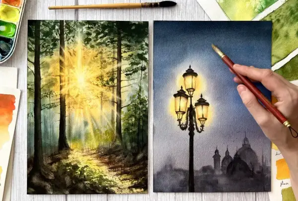 Deux aquarelles : un sentier forestier baigné de soleil et un lampadaire illuminant une ville brumeuse. Beaux paysages à peindre.