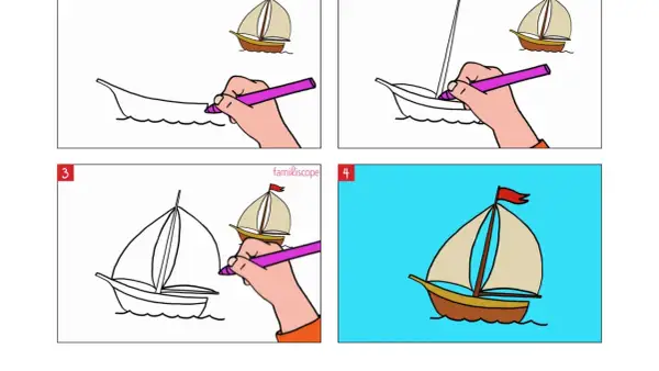 Étapes pour un dessin de bateau : une main esquisse un voilier, puis ajoute les voiles et le mât, pour finir avec un bateau coloré sur fond bleu.