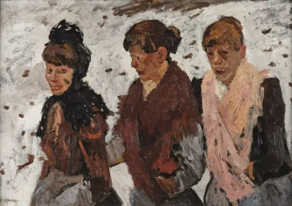 Trois femmes, peintes dans un style expressif rappelant un peintre hollandais contemporain, avancent ensemble sur un fond texturé.