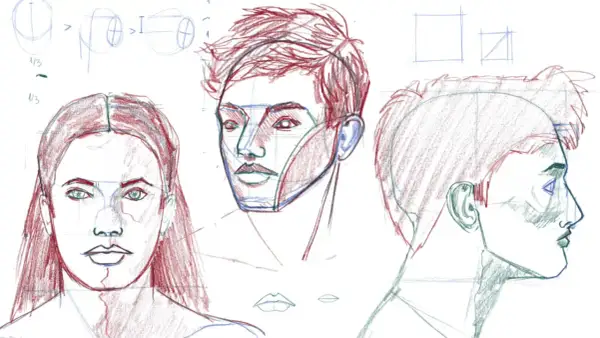 Étude de portrait au fusain : visages masculins et féminins, vues de face et de profil, avec des annotations anatomiques.