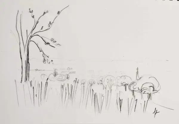 Dessin facile à faire pour débutant paysage : un arbre dénudé à gauche, des herbes hautes, des arbres stylisés et des collines lointaines.