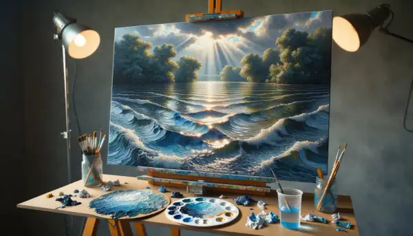 Un artiste s'applique à peindre l'eau et les reflets du soleil sur des vagues tumultueuses, entouré de ses outils.
