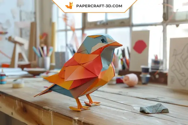 Un oiseau coloré en deco en papier, aux formes géométriques, est posé sur un établi. L'arrière-plan montre un atelier d'artiste.