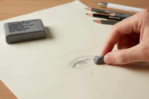 Une main utilise une gomme mie de pain pour estomper un dessin d'œil au crayon.
