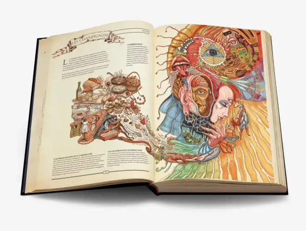 Livre ouvert sur des illustrations détaillées de champignons, de nourriture et d'une tête humaine psychédélique. Format feuille a.