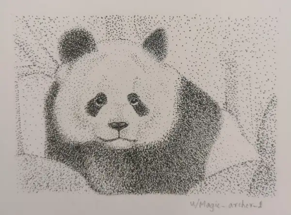Un adorable panda au regard mélancolique, réalisé en dessin pointillisme facile. Chaque point contribue à la douceur de sa fourrure.