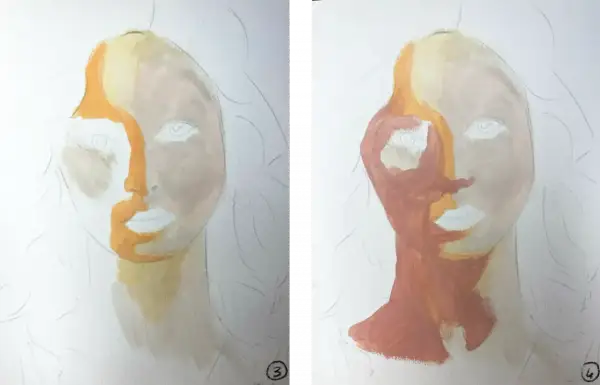 Portrait à l'huile en cours de création, montrant une moitié du visage avec des tons ocres et l'autre moitié avec des tons rosés.