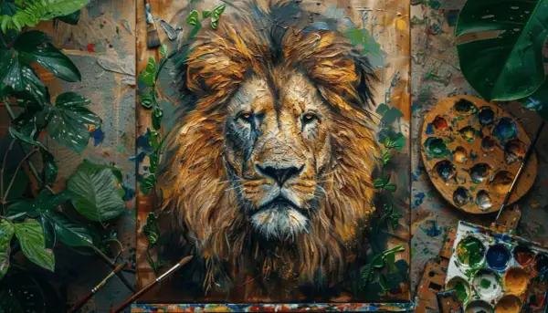 Portrait saisissant d'un lion, œuvre d'un peintre animalier contemporain. Palette et plantes vertes entourent la toile.