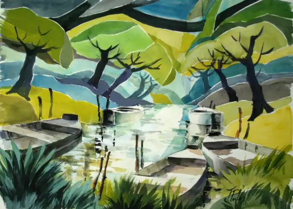 Vue d'un paysage fluvial stylisé, avec des bateaux amarrés. L'œuvre évoque un peintre paysagiste contemporain par ses formes géométriques et ses couleurs vives.