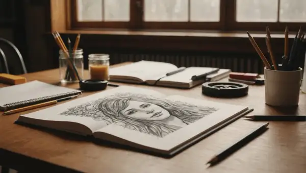 Un carnet ouvert présente un portrait au crayon d'une jeune femme. Des crayons et d'autres fournitures d'art sont disposés sur la table, suggérant le choix du **quel papier pour dessiner au crayon**.