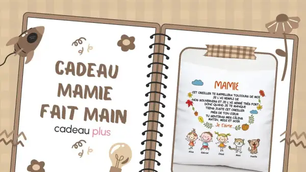 Cadeau pour mamie à fabriquer facile : un coussin personnalisé avec des dessins d'enfants et un poème tendre.