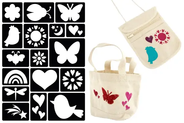 Ensemble de pochoirs pour décorer sacs et pochettes. Apprenez comment faire un pochoir pour créer des motifs personnalisés : papillons, oiseaux, cœurs, etc.