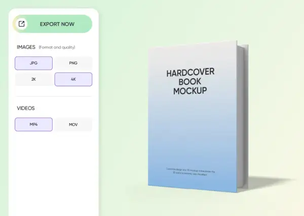Maquette livre 3D avec options d'exportation JPG, PNG, 2K, 4K et vidéo.