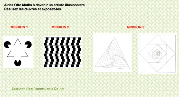 Trois œuvres d'art géométrique : une illusion d'optique avec des formes, un damier déformé et des carrés imbriqués.